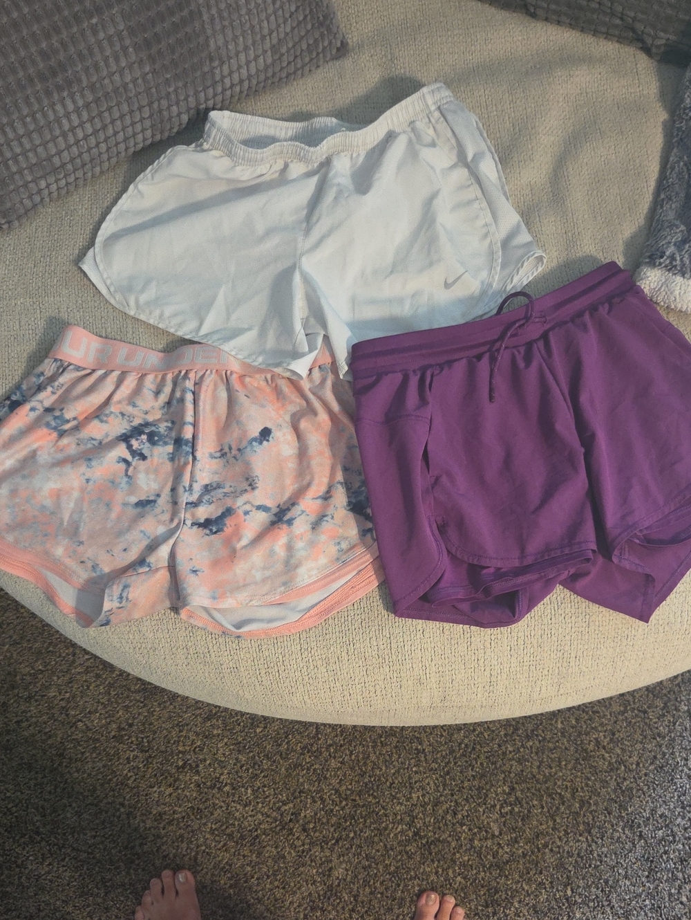 Nike Girls White, Pink Under Armour, and Purple Target All In Motion Shorts L
